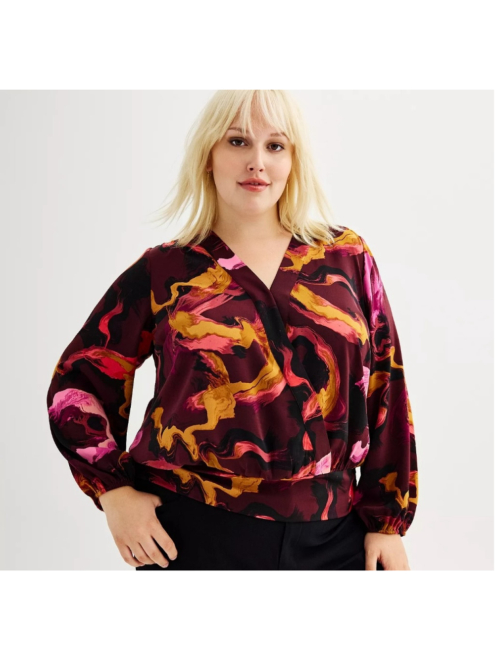 Women's Nine West Blouse XL Burgundy Yellow Abstract Print Wrap Top officewear